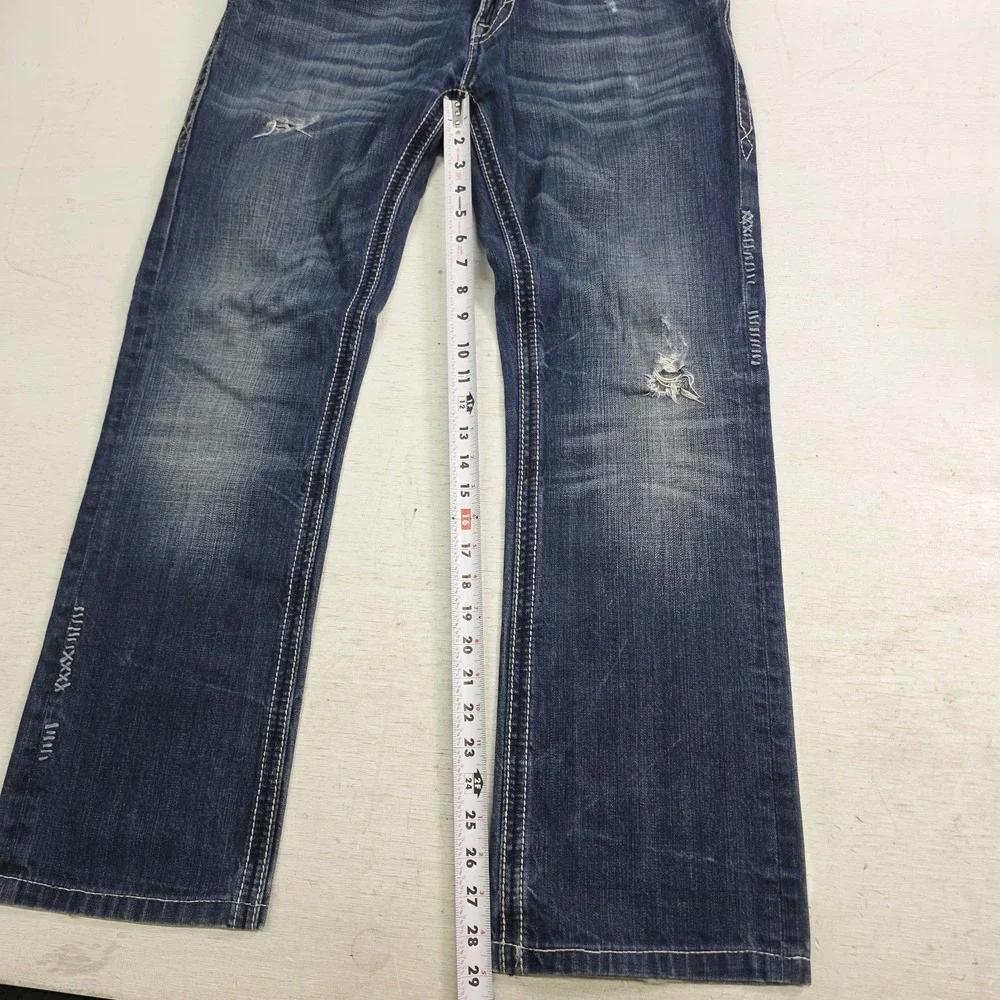 Rock Revival Paul Straight Jeans Men's 32x29 Distressed Dark Wash Thick Stitch